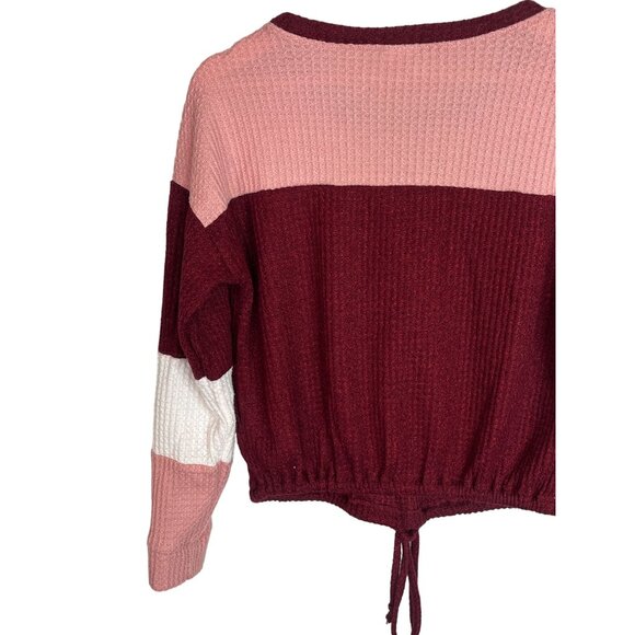 No Boundaries Top Womens Small 3 5 Waffle Knit Pink Burgundy Stripe Casual Shirt - Picture 9 of 15